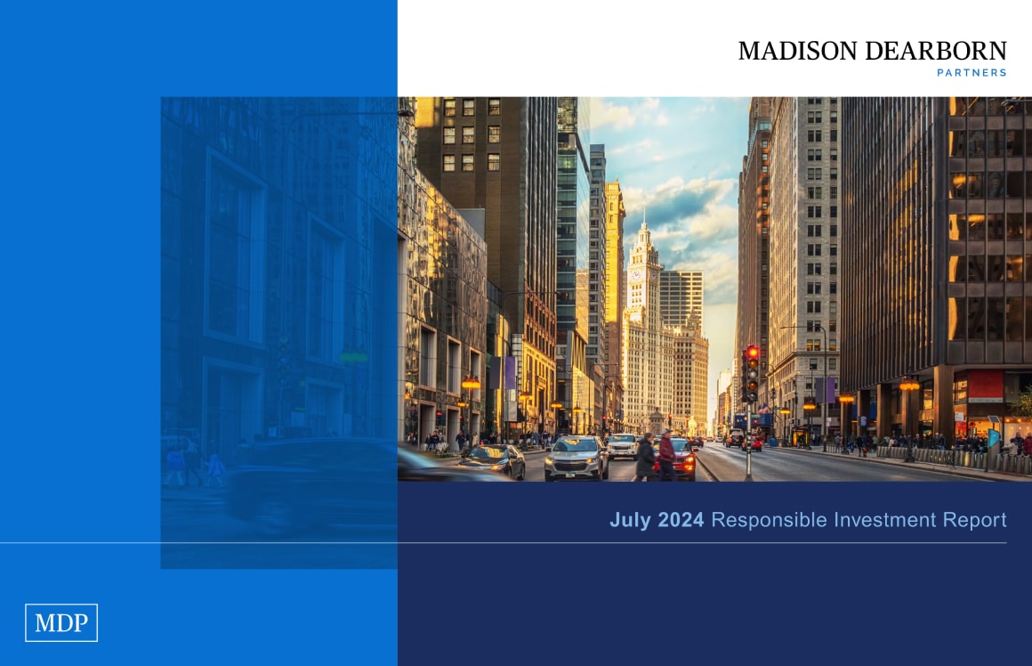 Responsible Investing report cover photo with Chicago street view of some buildings